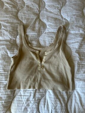 aerie Ribbed Henley Crop Tank in Beige